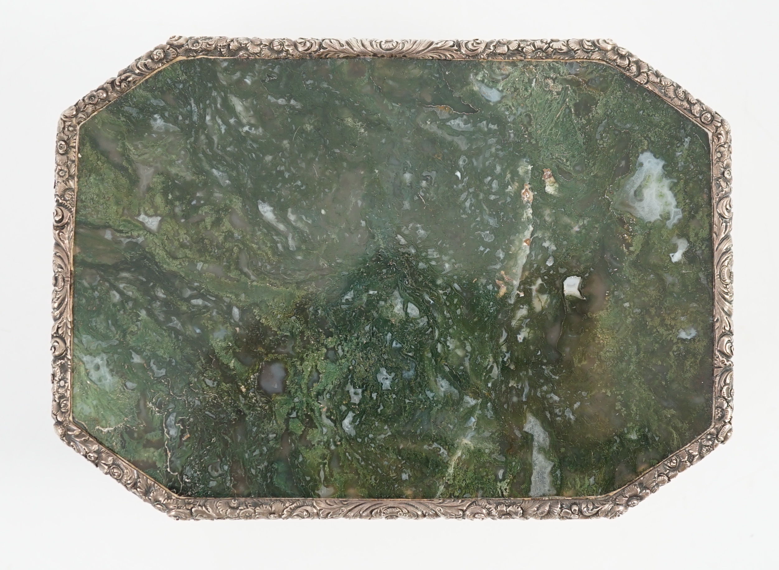 An early Victorian engine turned silver and inset moss agate box and cover, by Sampson Mordan I
